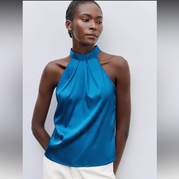Teal Blue Satin Halter Blouse Top - Picture 13 of 15